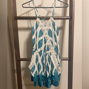 Cream and Blue Romper with Pockets